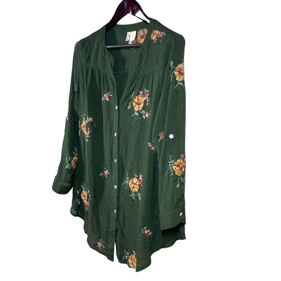 Fig & Flower Embroidered Tunic Top Womens 1X Green Roll Tab Sleeve Boho Prairie - Picture 5 of 8
